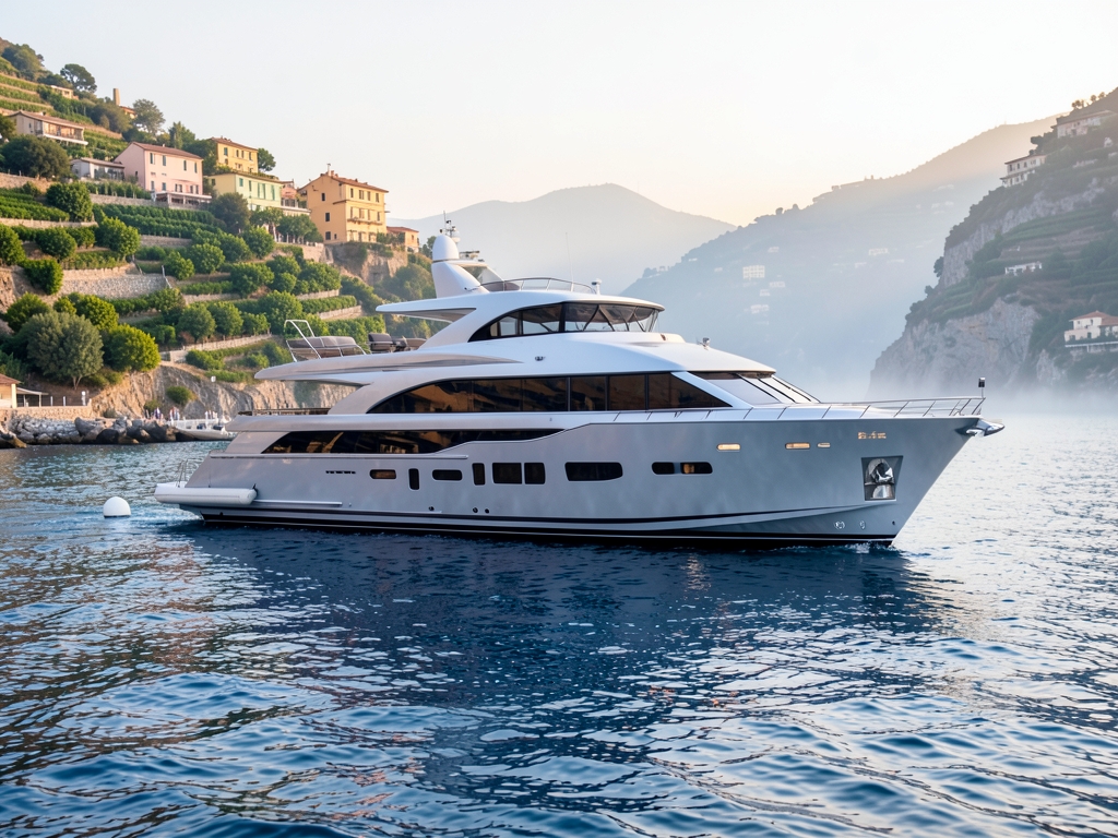 Amalfi Coast anchorage soft dawn sleek superyacht anchor