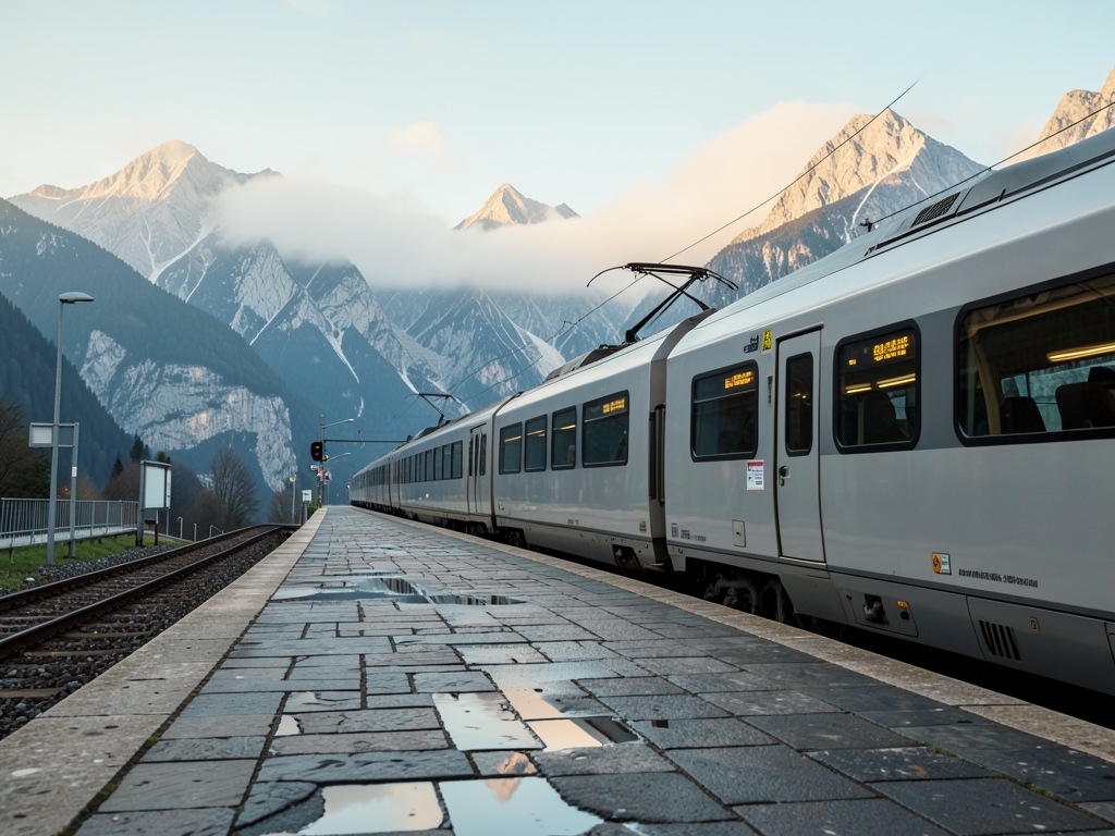 Quiet Swiss railway platform with sleek silver train