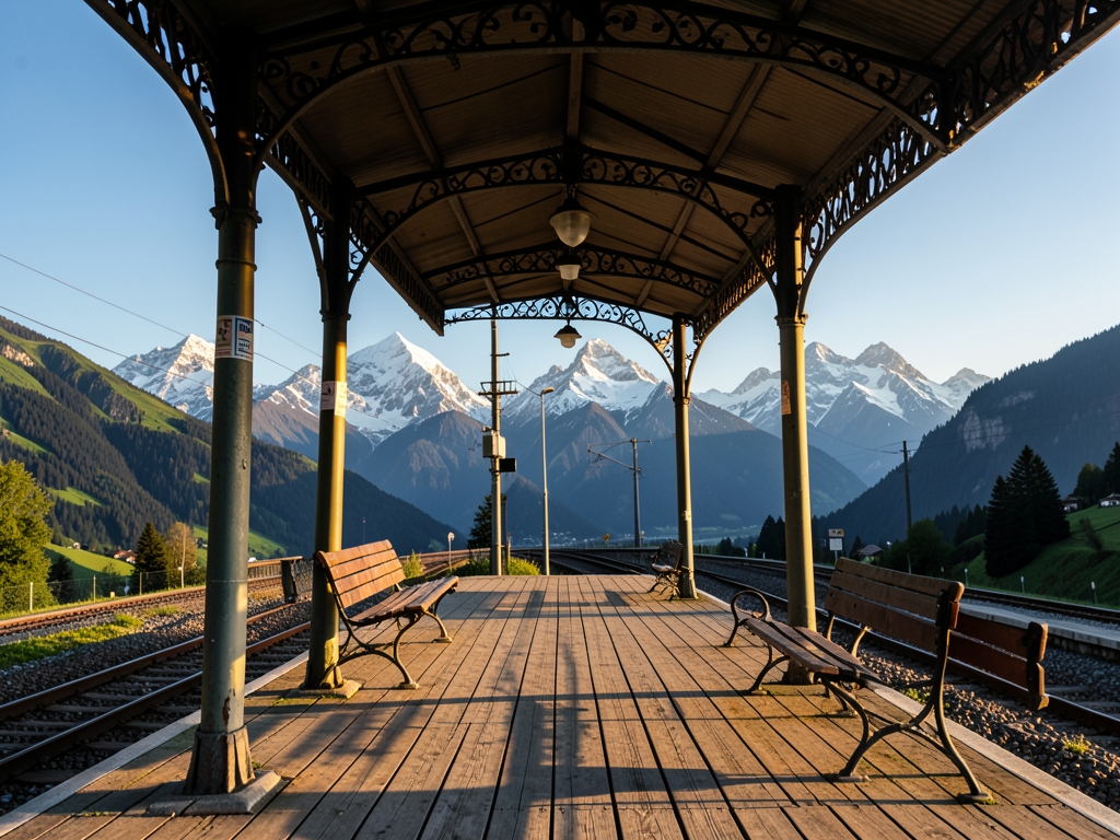 quiet Swiss railway platform with wooden benches iron