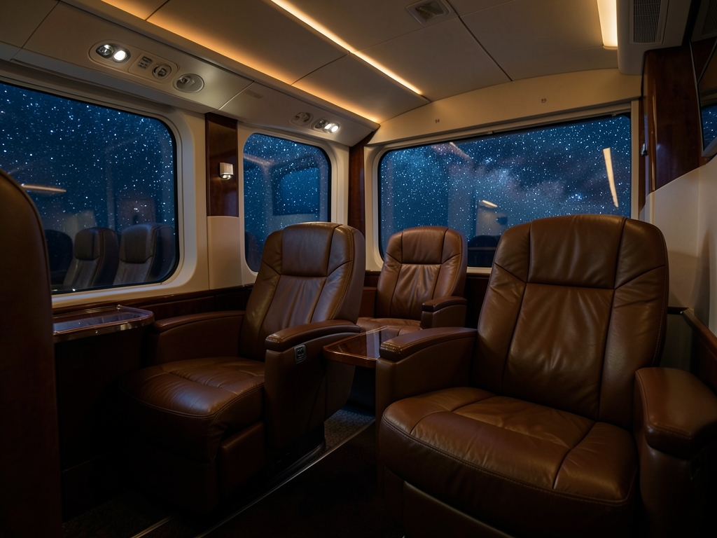 Dimly business class cabin night with wide leather seats
