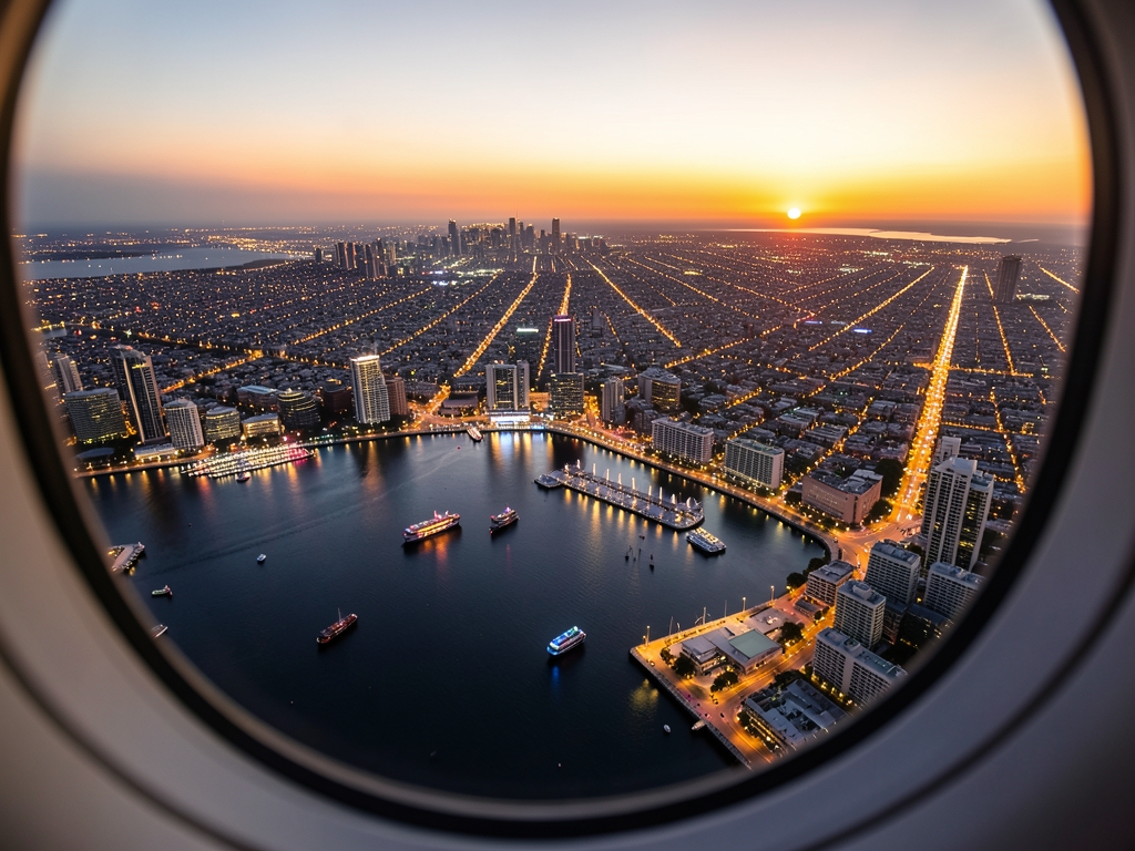 Golden hour view from high altitude window showing transition