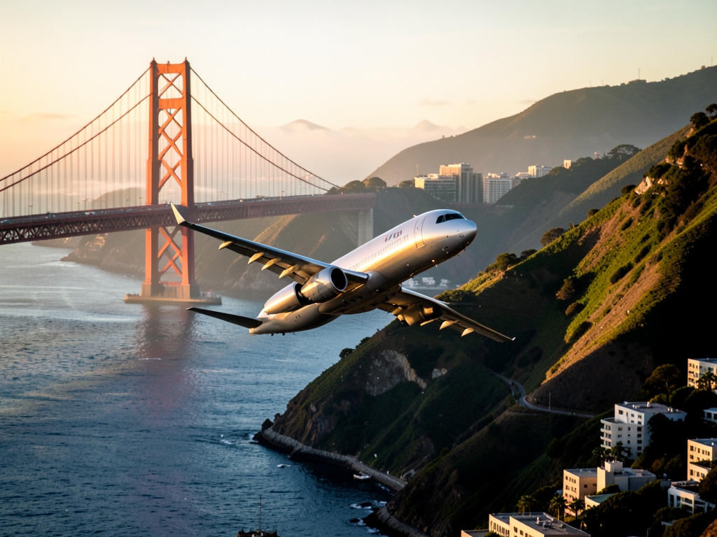 descending toward Francisco golden afternoon light red orange steel