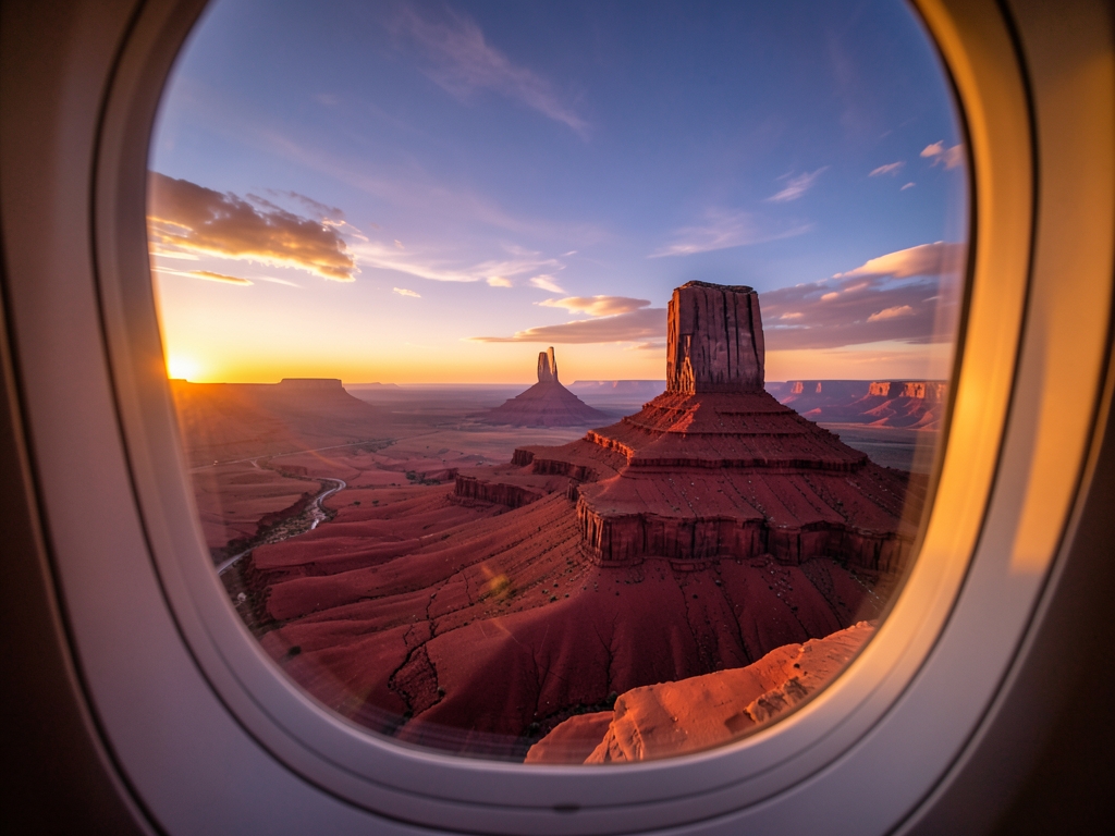 Airplane window view desert plains stretching toward distant