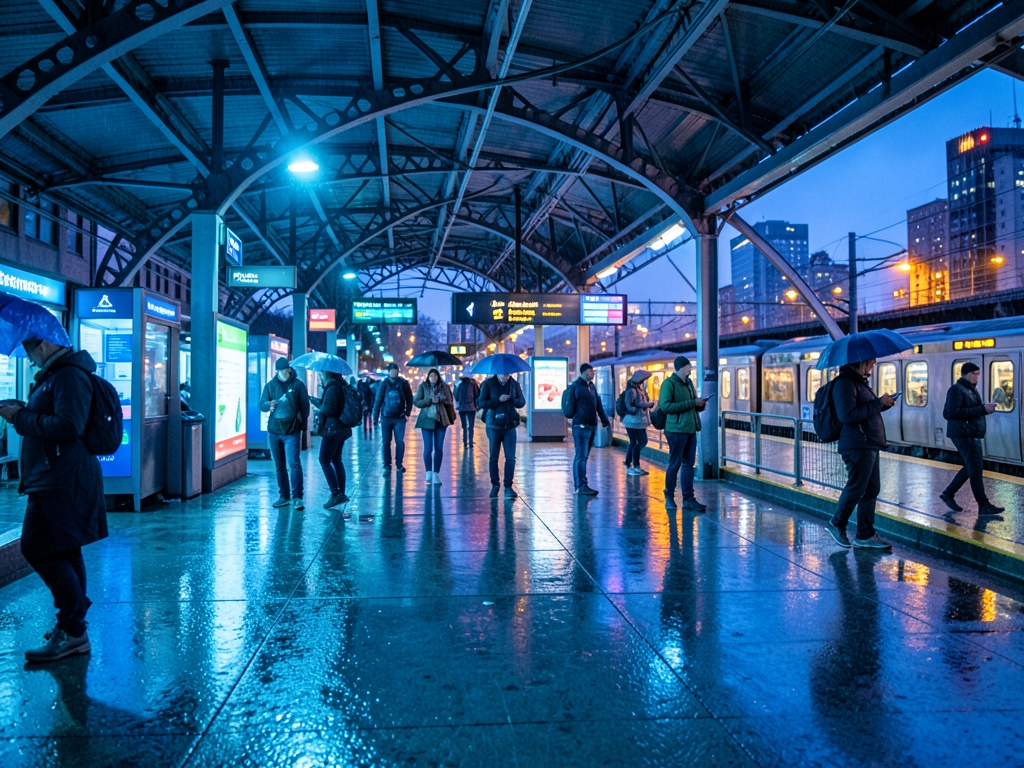Rain slicked urban transit twilight with reflective concrete floors