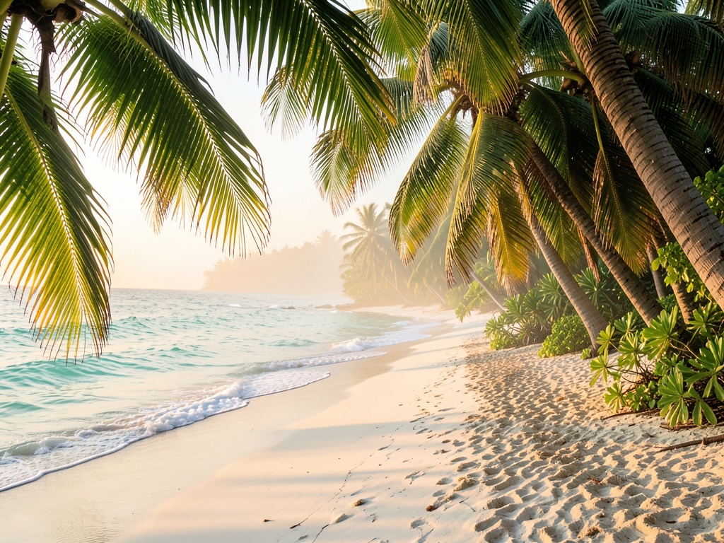 lush tropical coastline golden hour turquoise meeting white