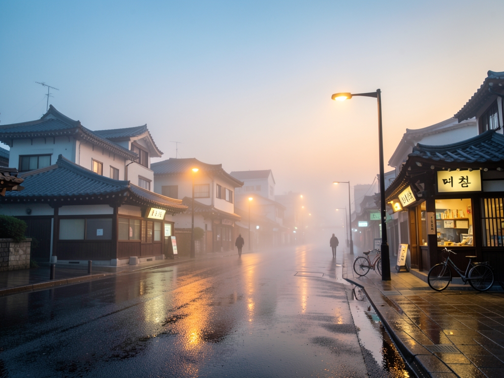 misty dawn over Korean coastal city with low rise