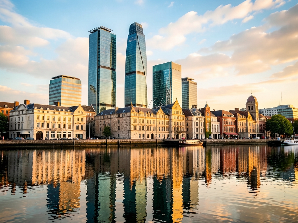 Golden hour Thames side city skyline with glass skyscrapers historic