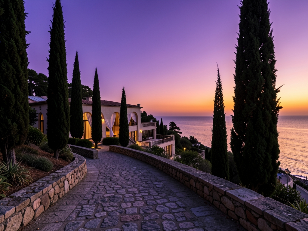Winding coastal path dusk leading hotel cypress trees