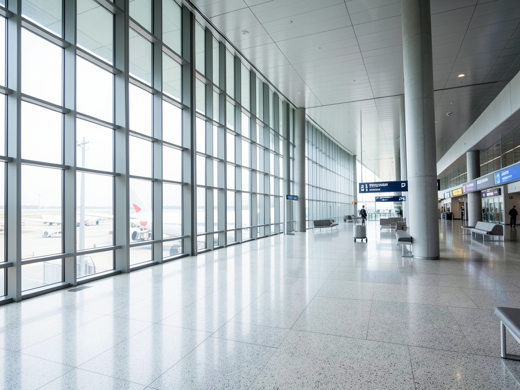 Minimalist airport terminal interior bathed soft natural light