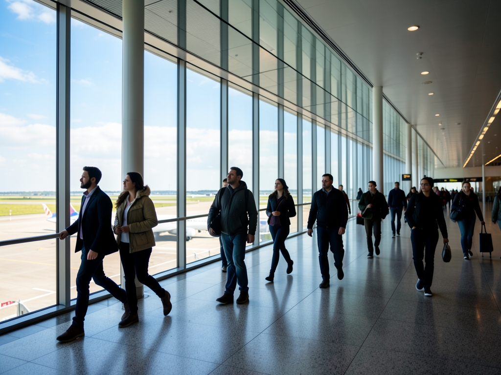 Bright airport terminal corridor with floor to ceiling windows overlooking