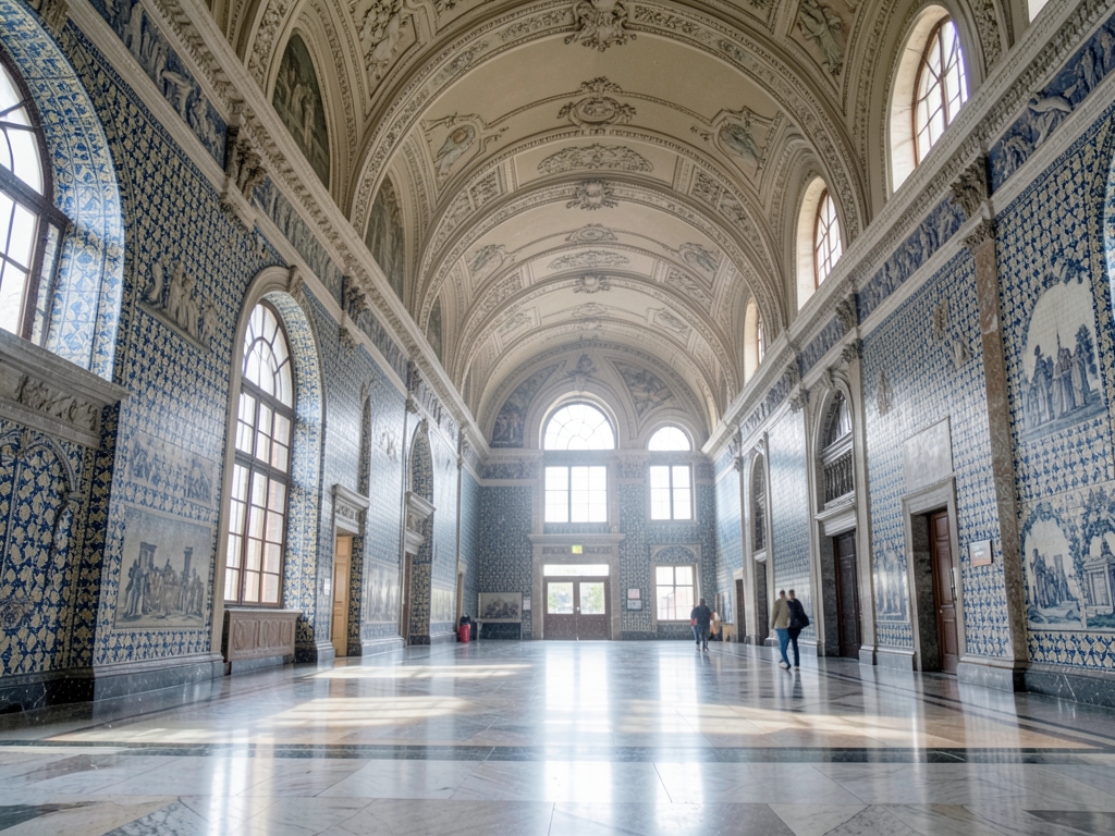 Interior grand Lisbon station with vaulted ceilings intricate