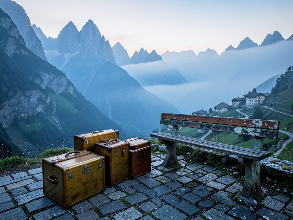 misty European mountain pass dawn where vintage brass