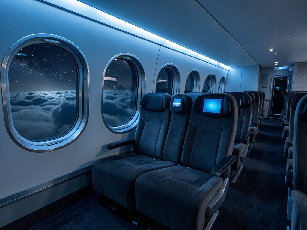 Serene wide shot quiet long haul cabin night rows
