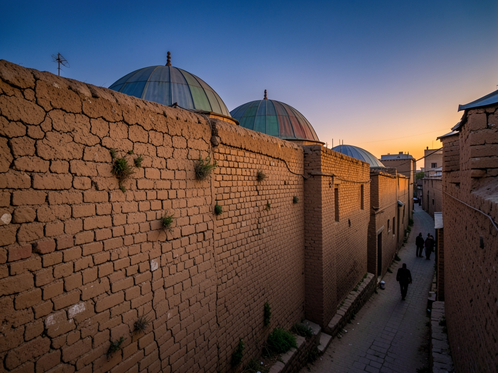 Twilight settles over historic heart Tashkent with weathered