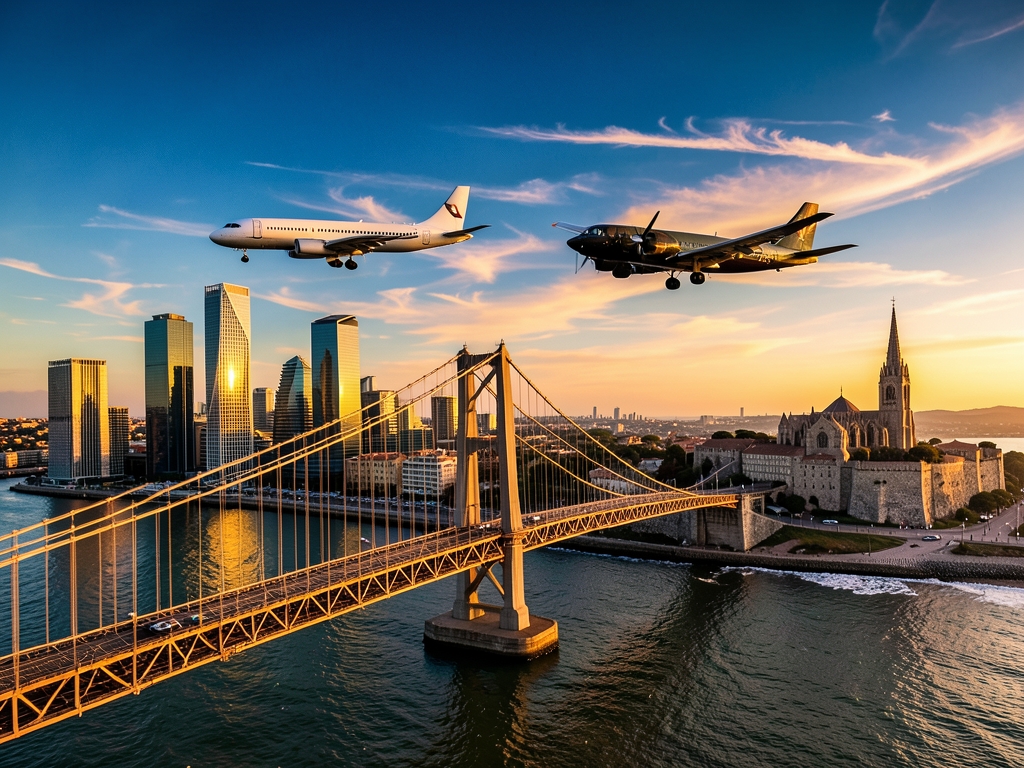 Aerial view distinct aircraft silhouettes gliding over bridge