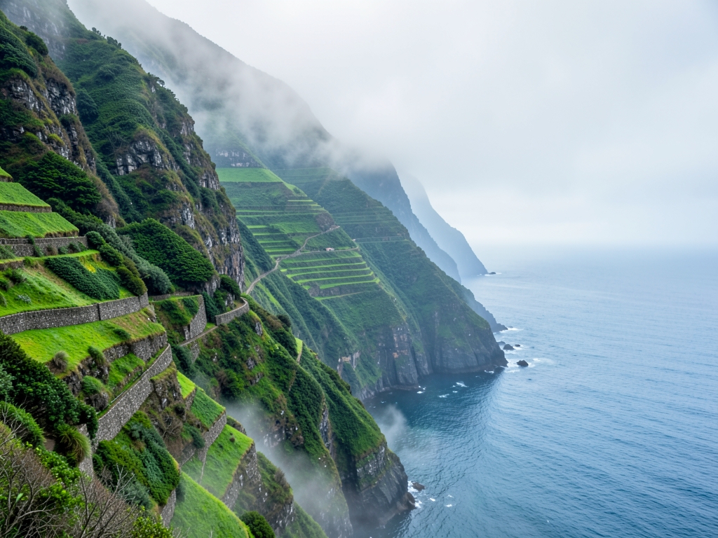 Madeira s terraced green cliffs above misty winter sea