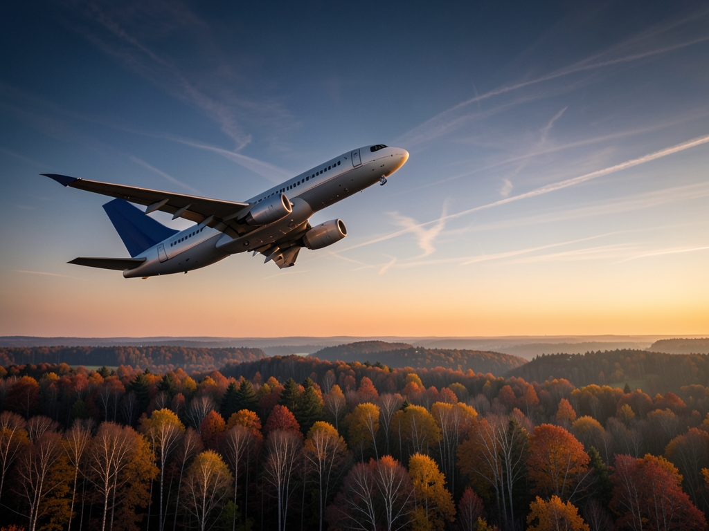 Airliner ascending through soft November dusk above landscape