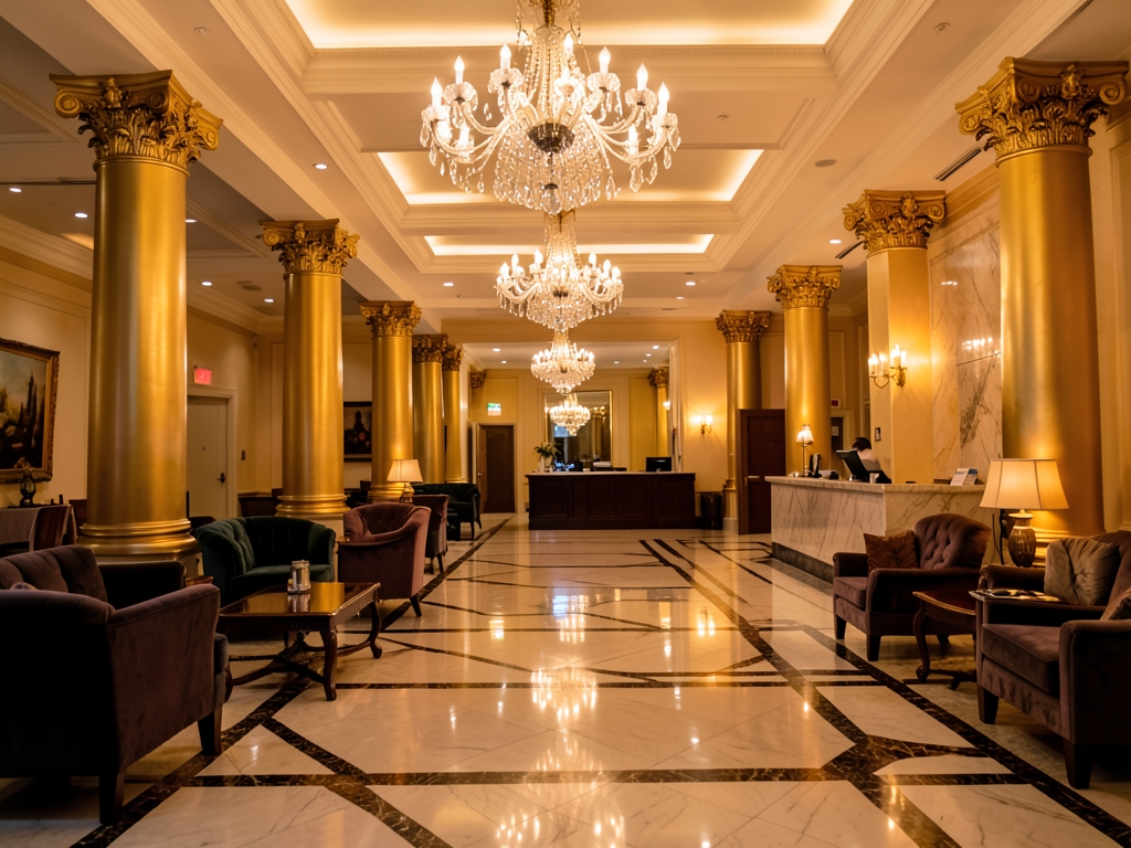 Opulent hotel lobby with marble floors crystal chandeliers