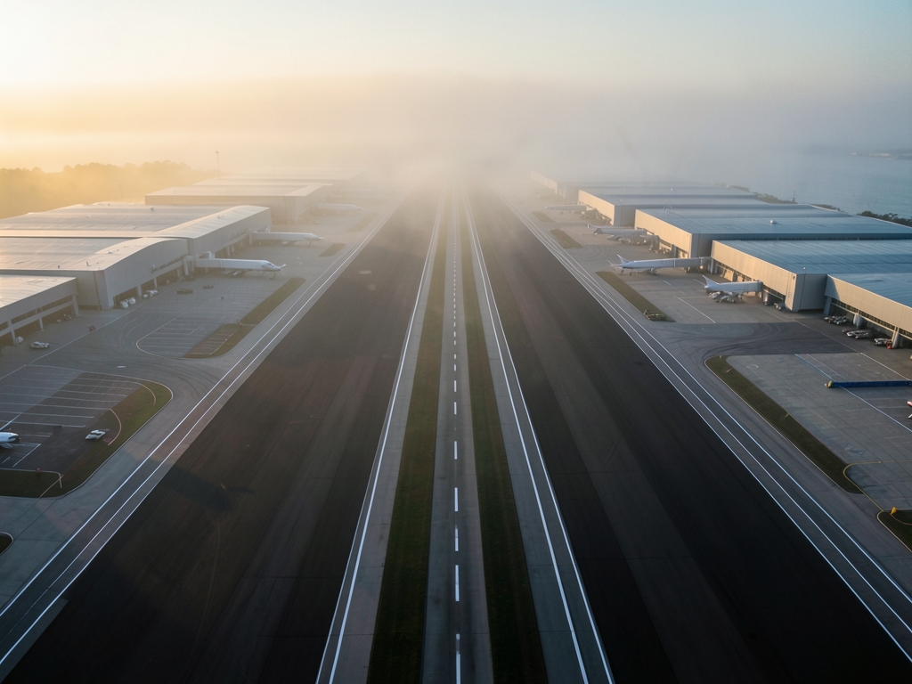 Aerial view vast airport tarmac dawn with parallel