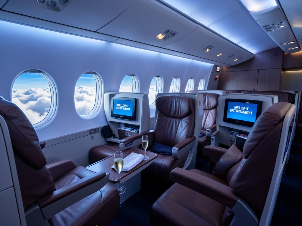Spacious airplane business class cabin interior with reclining seats