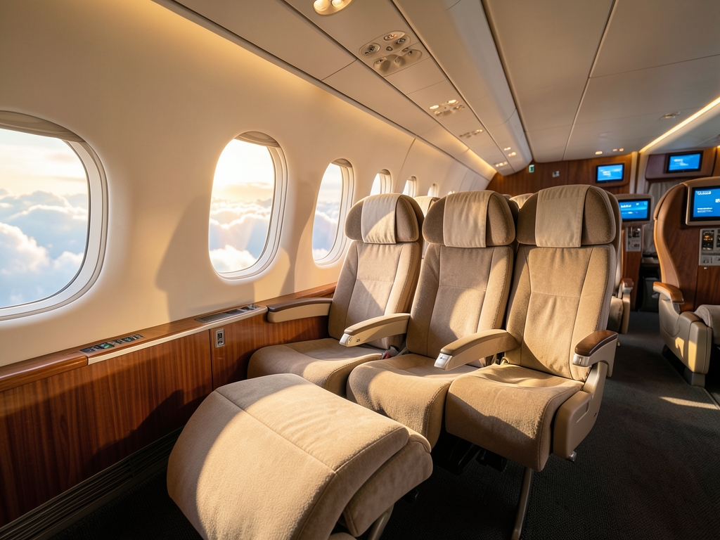 Spacious airplane cabin interior with lie flat seats beside