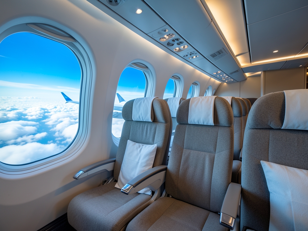 Spacious airplane cabin interior with large windows revealing