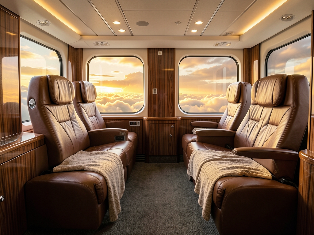 Spacious business class cabin interior with lie flat seats