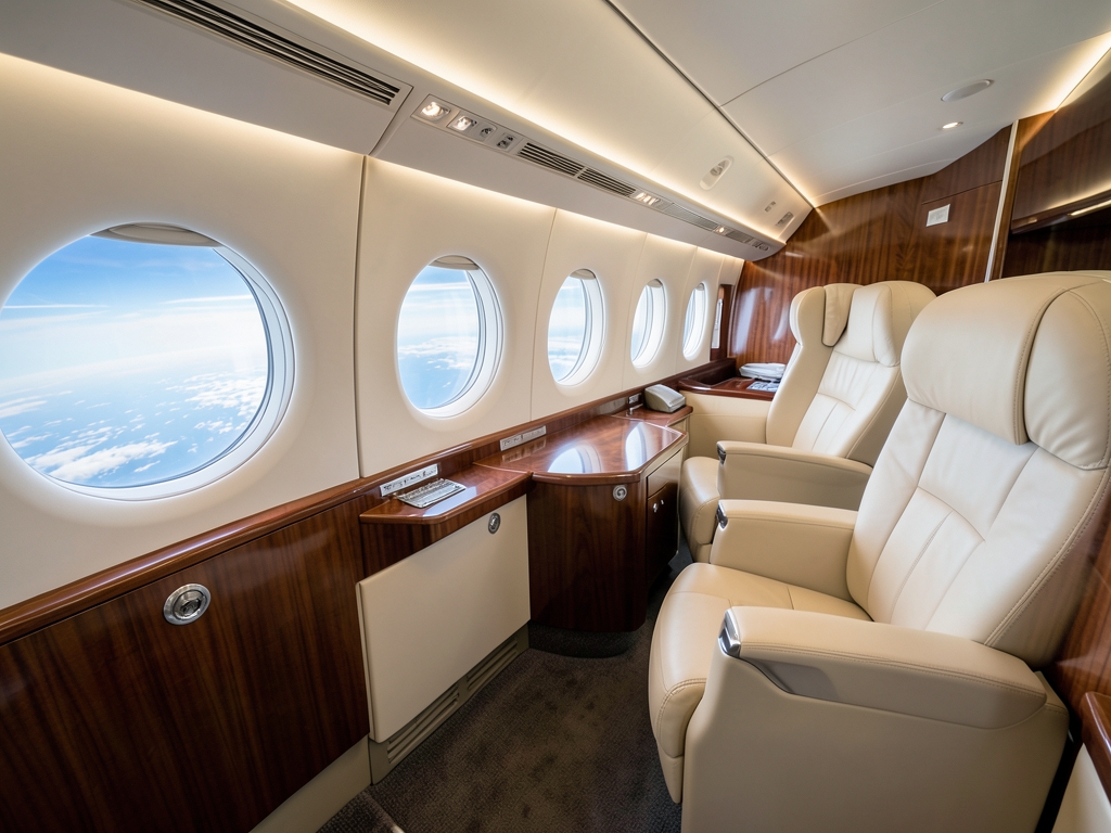 wide angle view business class cabin interior cruising altitude soft