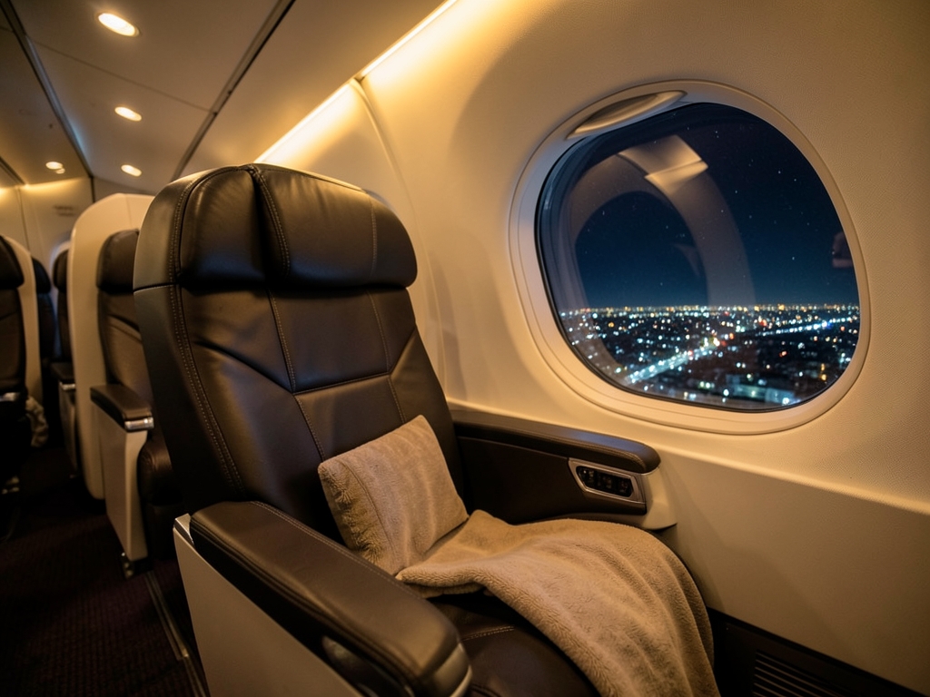 Airplane business class cabin night reclined seat warm