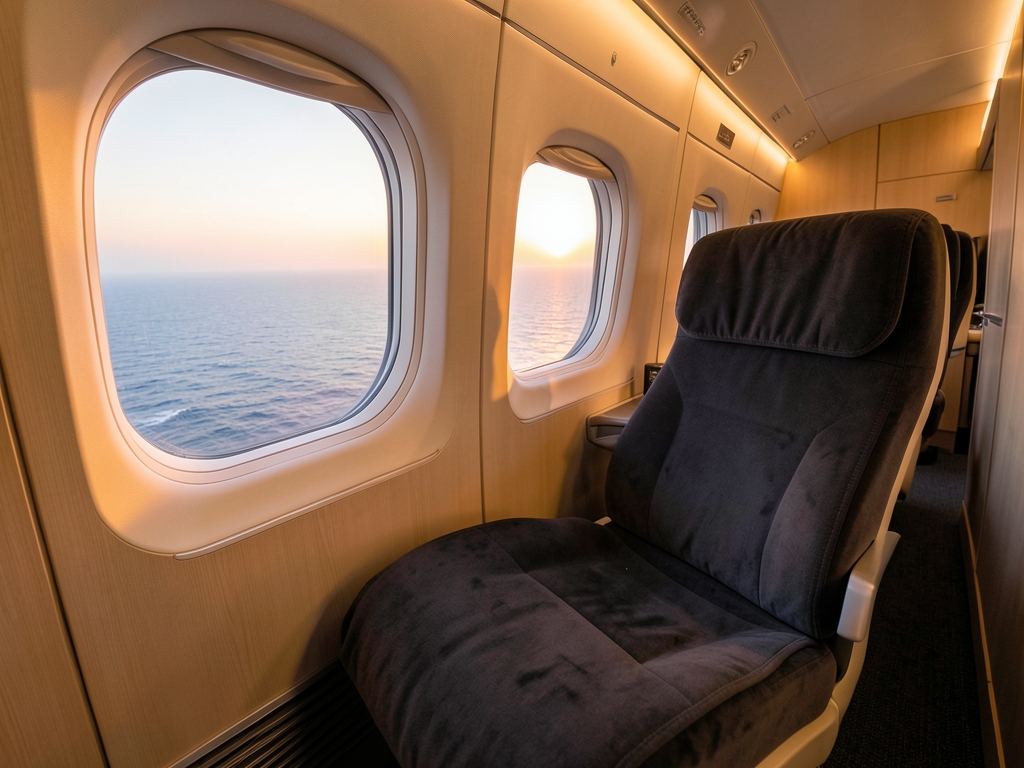 wide body cabin interior dawn above Pacific empty lie flat