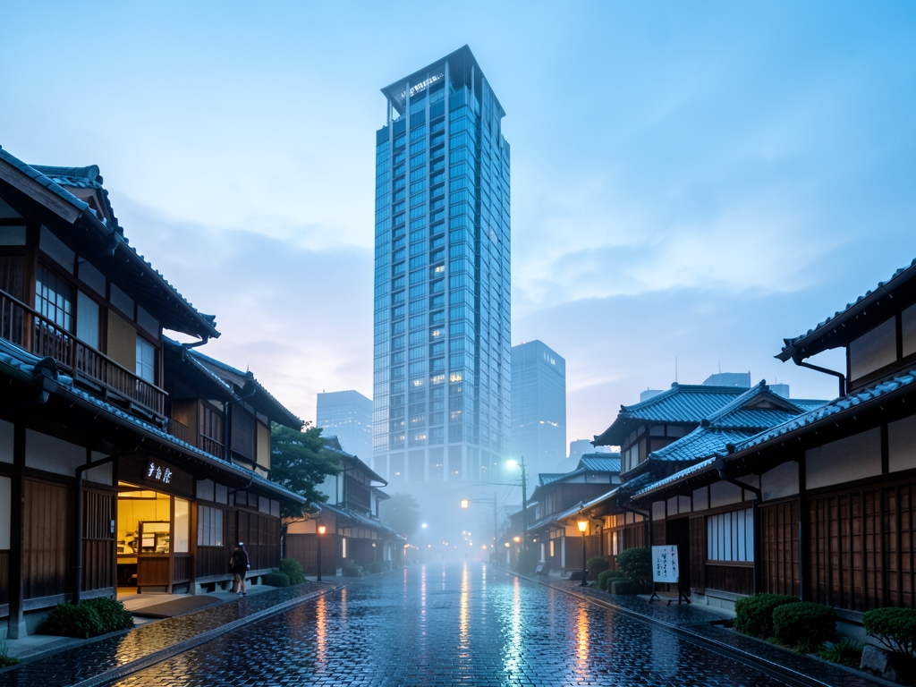 misty dawn over Tokyo skyline with modern hotel