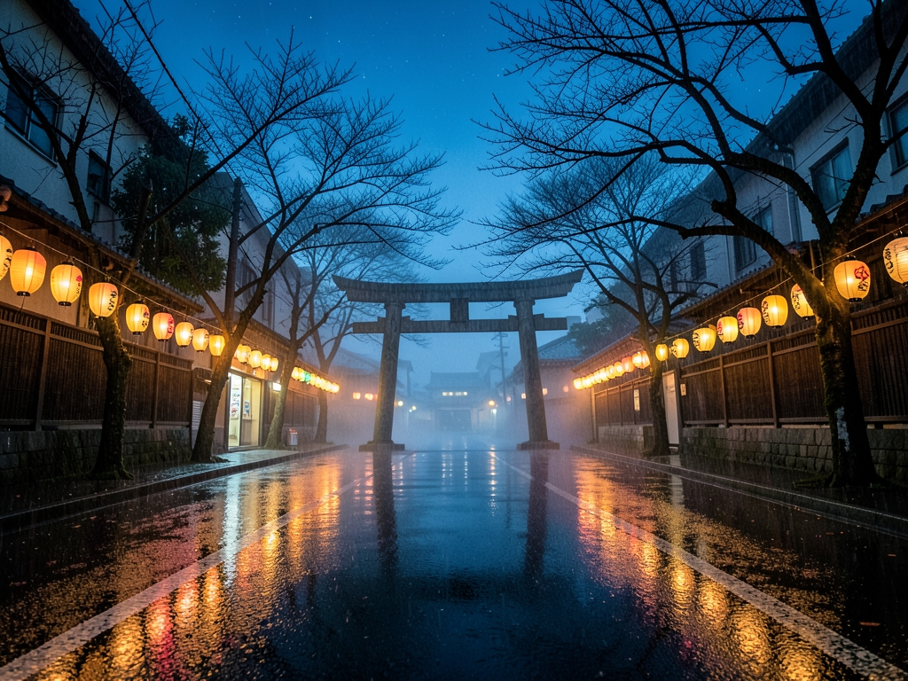 rain soaked Tokyo street twilight with glowing lantern reflections