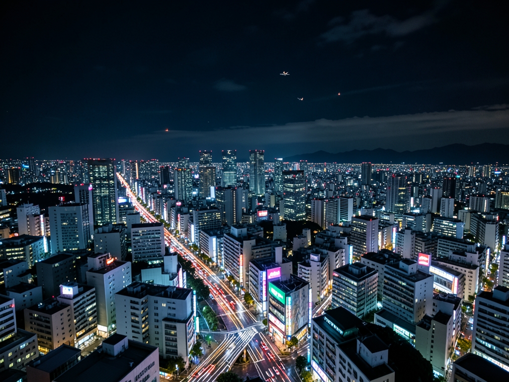 Aerial view Tokyo night layered towers glowing streets