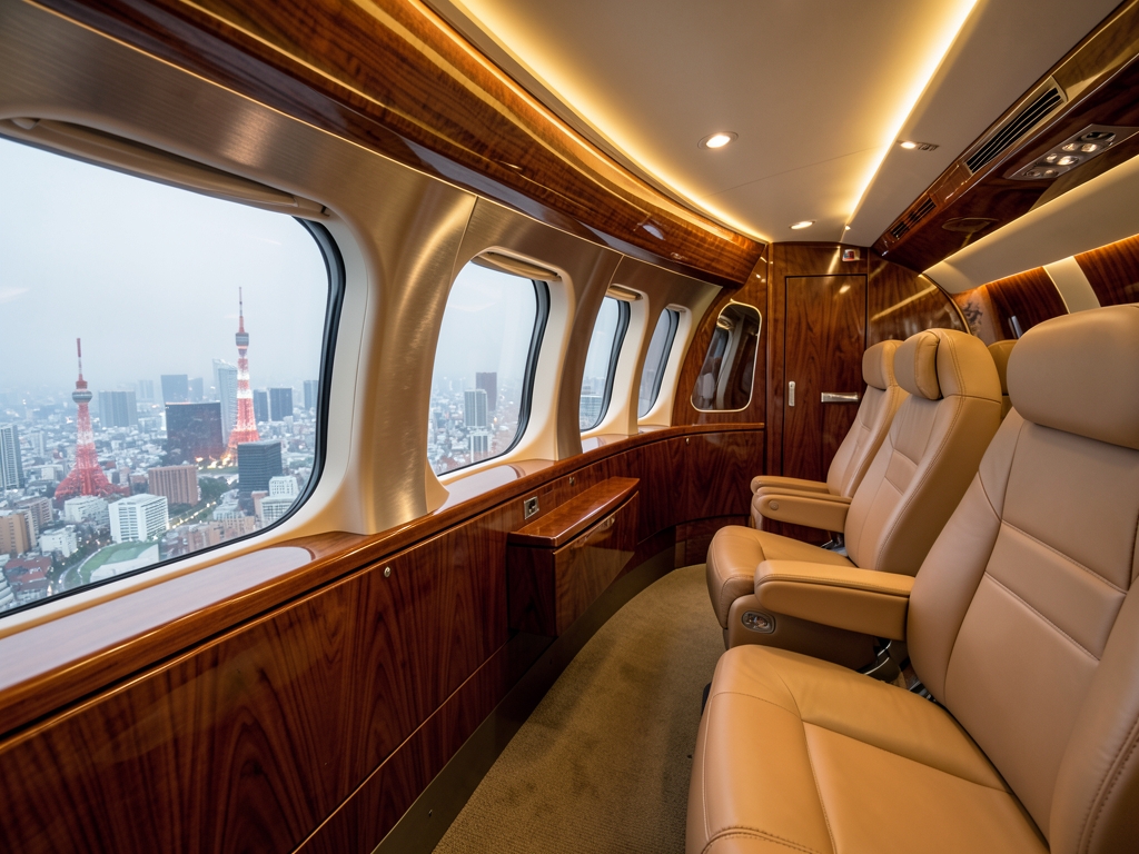 Aircraft style cabin with walnut trim brushed metal calm