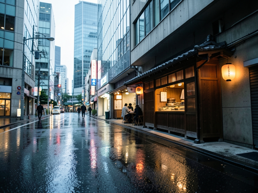 rain slicked Tokyo street toward intimate sushi shop surrounded