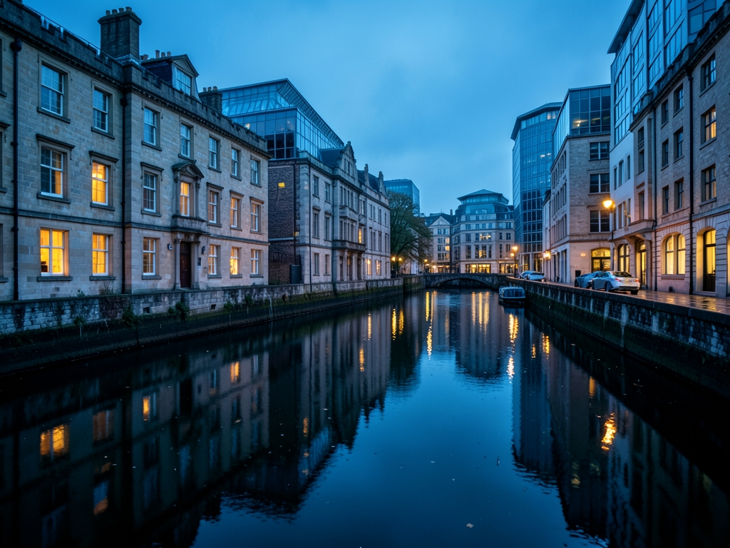 quiet London riverfront blue hour after rain historic