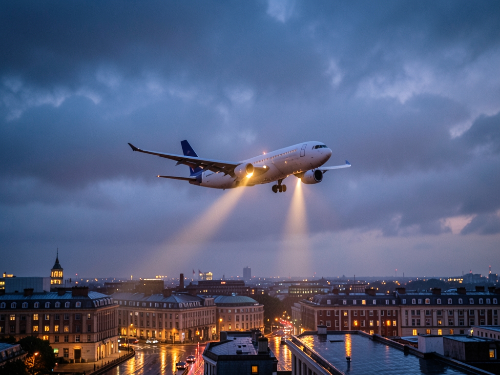 passenger descending toward London beneath rain softened dusk clouds
