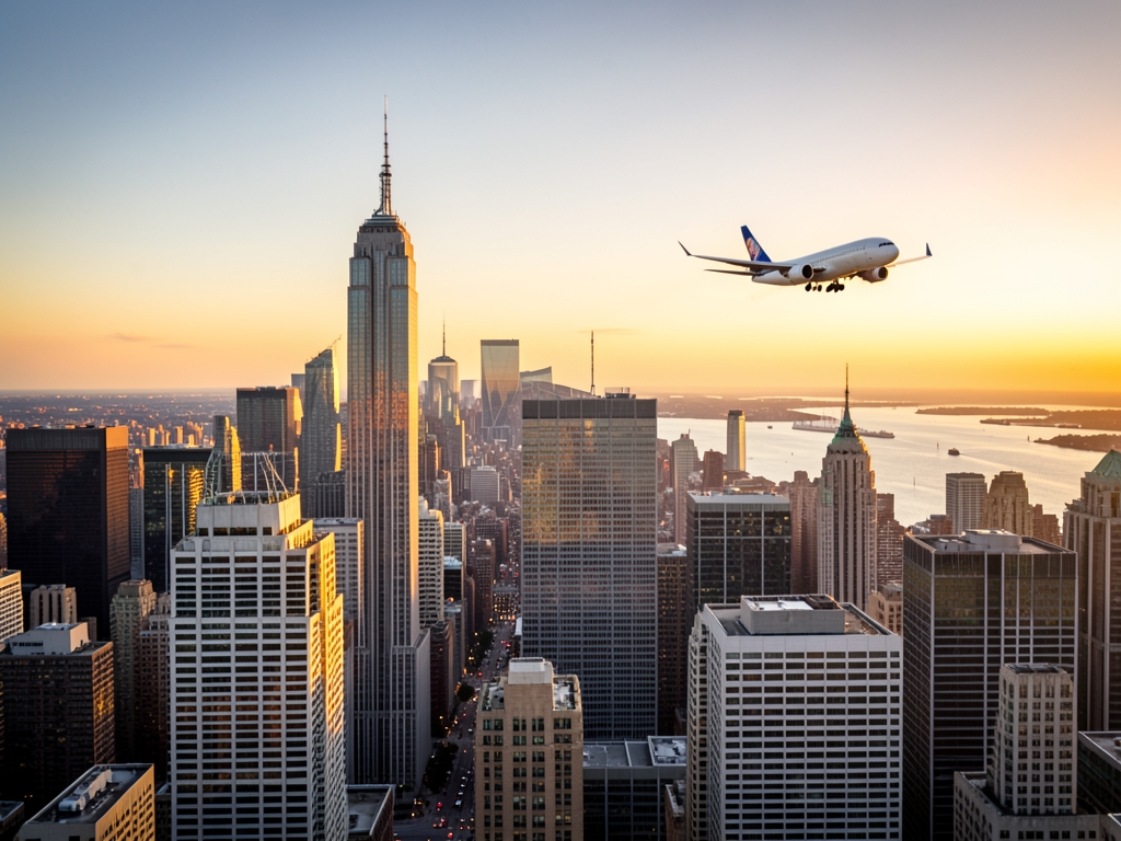 Golden hour over Manhattan skyline with steel and glass skyscrapers