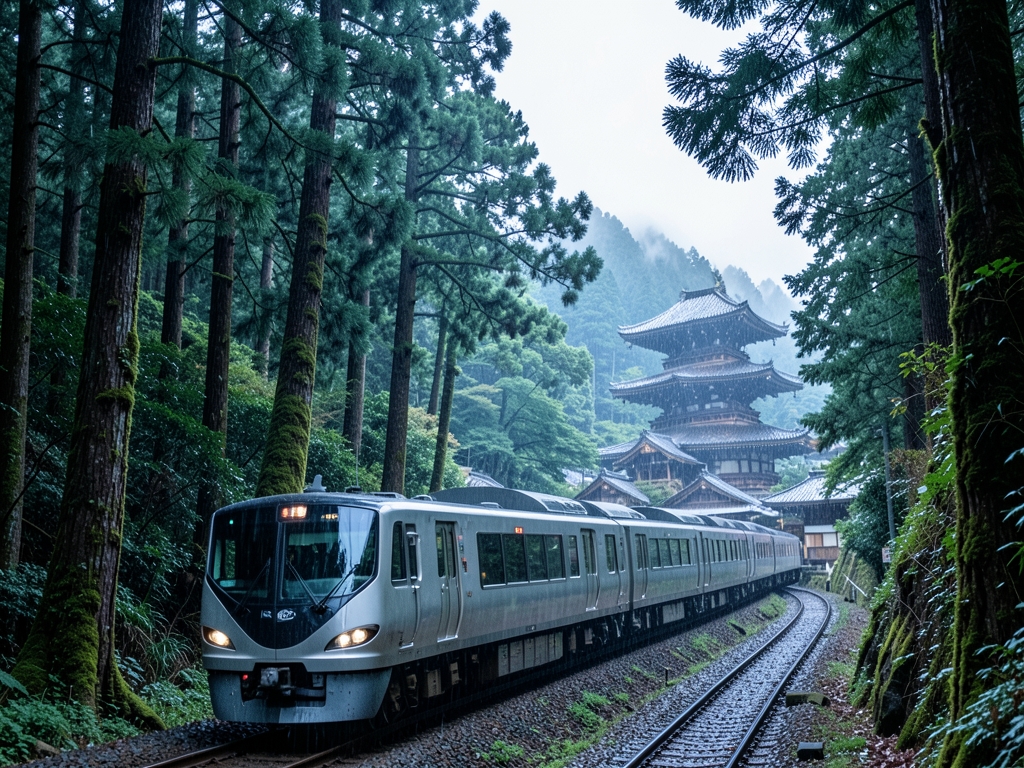 train curving through rain darkened forested mountains toward Nikko