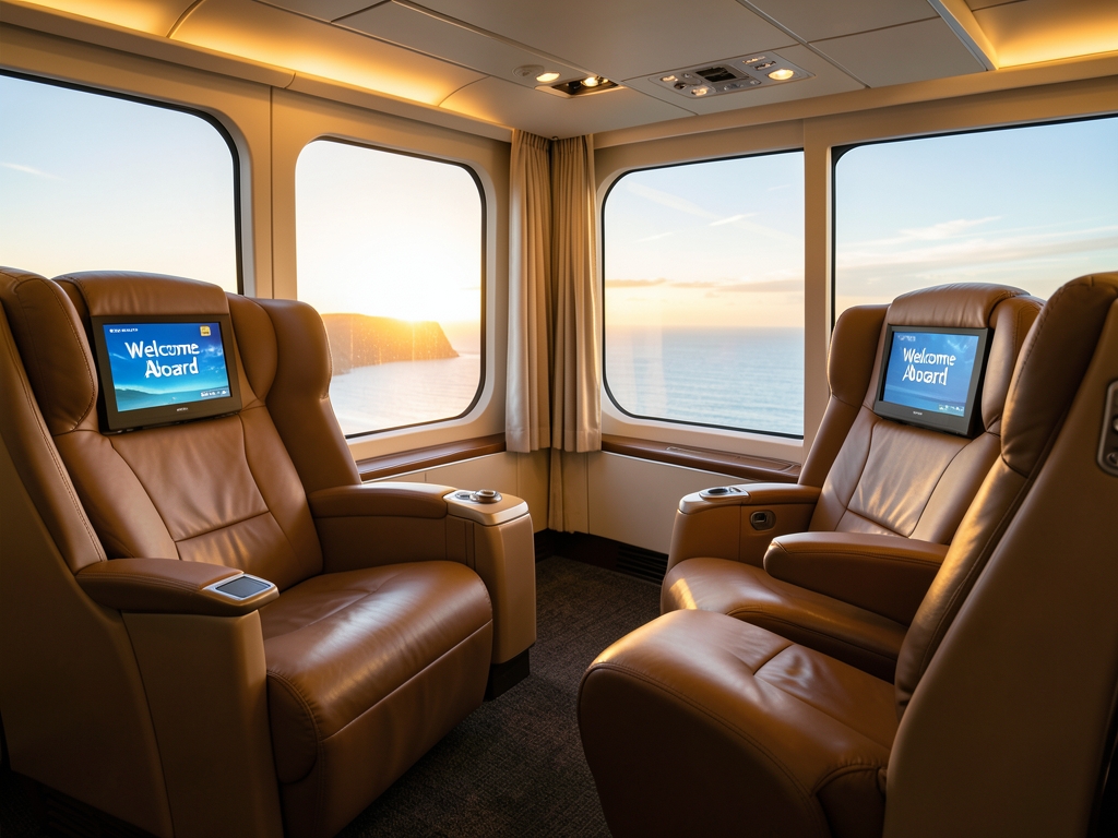 Business class cabin interior with wide reclining seats