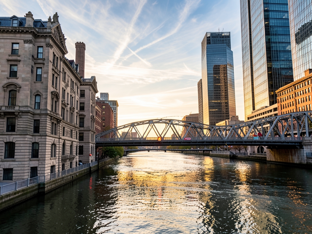 Chicago river with historic stone buildings modern glass