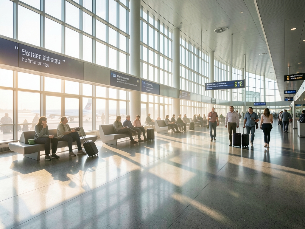 Sunlight streams through large windows modern airport terminal