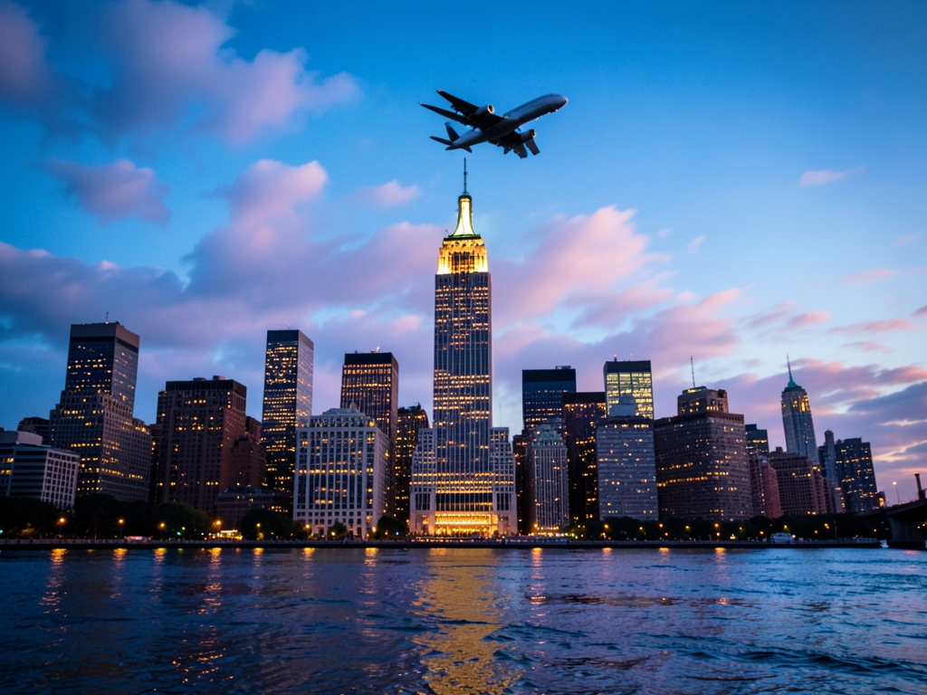 Manhattan skyline dusky blue hour with warm towers