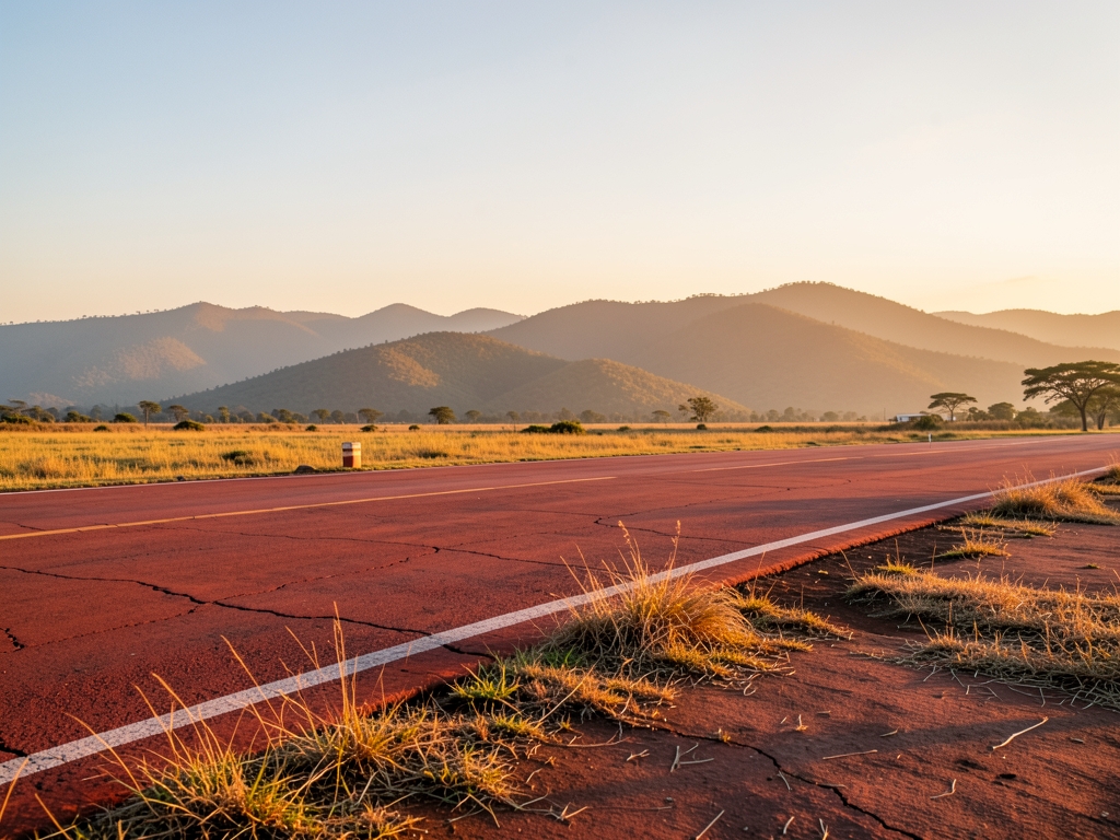 Sunlit airport apron Lilongwe with red earth runway edges