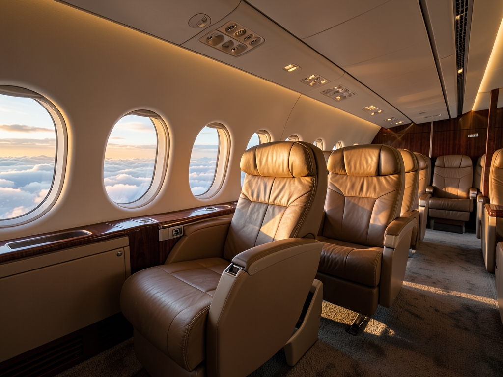 Spacious aircraft premium cabin during golden hour wide