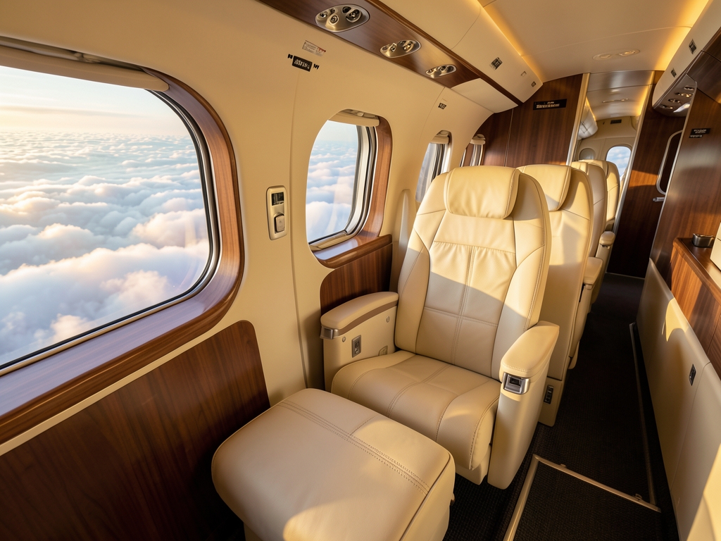spacious business class cabin above soft Atlantic clouds cream