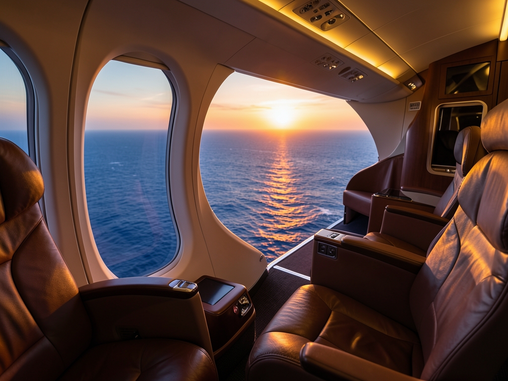 Business class airplane cabin sunrise over North Atlantic deep