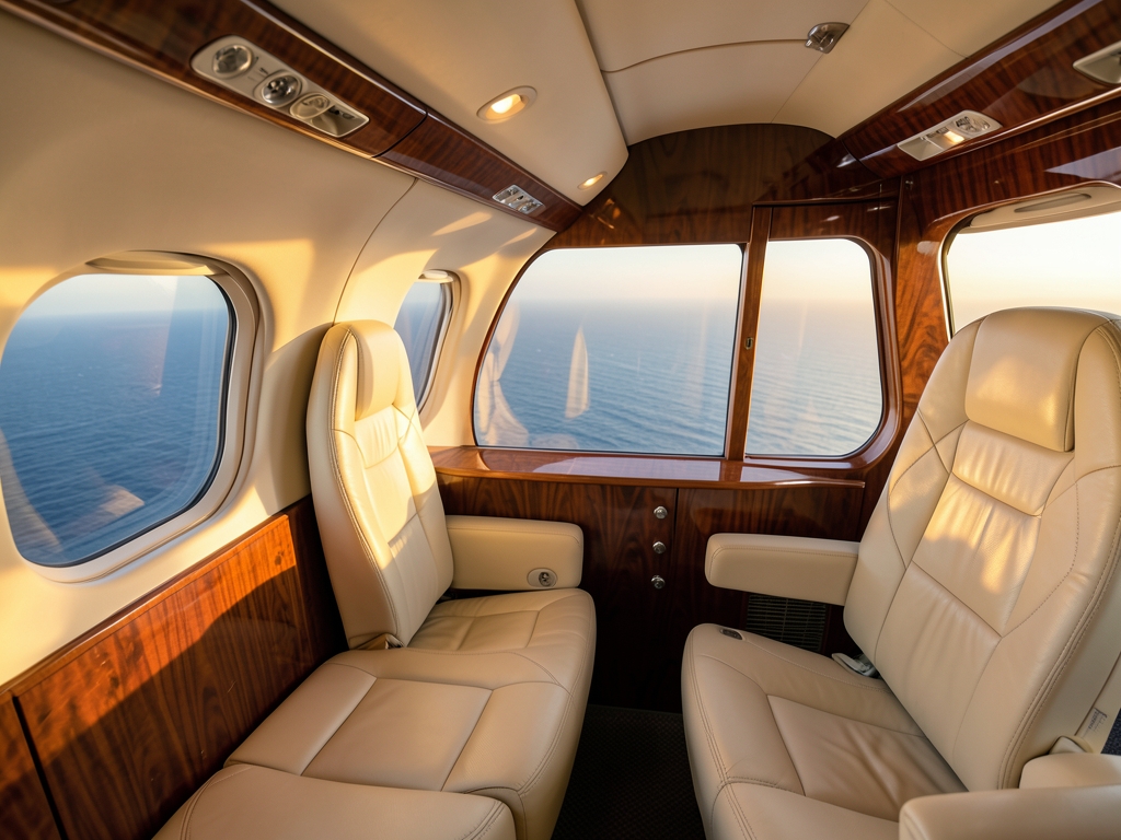 premium aircraft cabin above Atlantic cream leather warm
