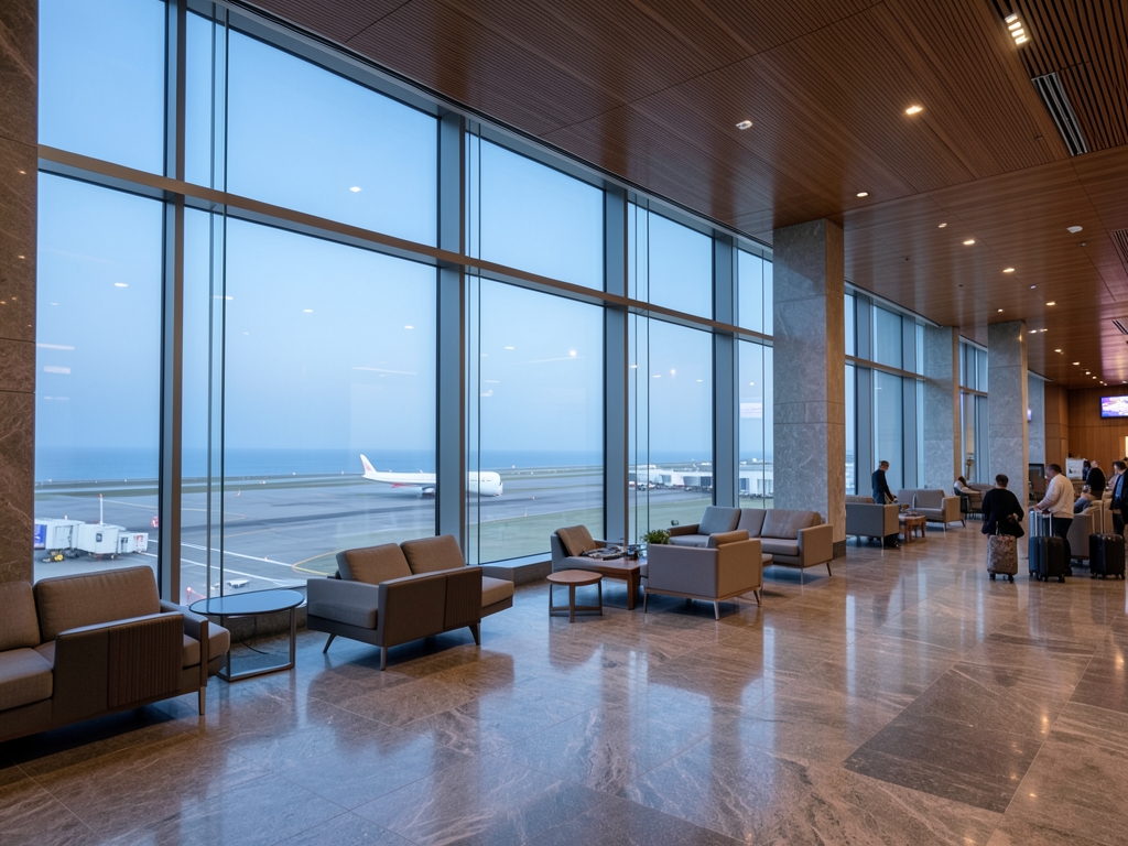 Dawn modern airport transit lounge with floor to ceiling glass