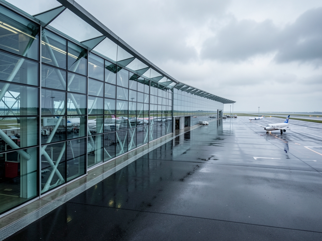 glass and steel airport terminal overlooking rain darkened Pacific runway distant